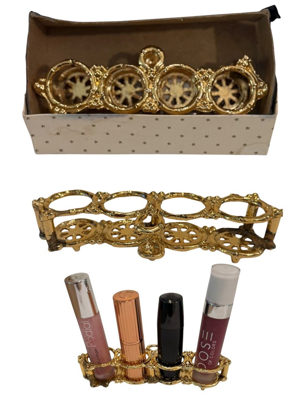 VTG Vanity Lipstick Holder Gold Tone Roses Hollywood Regency